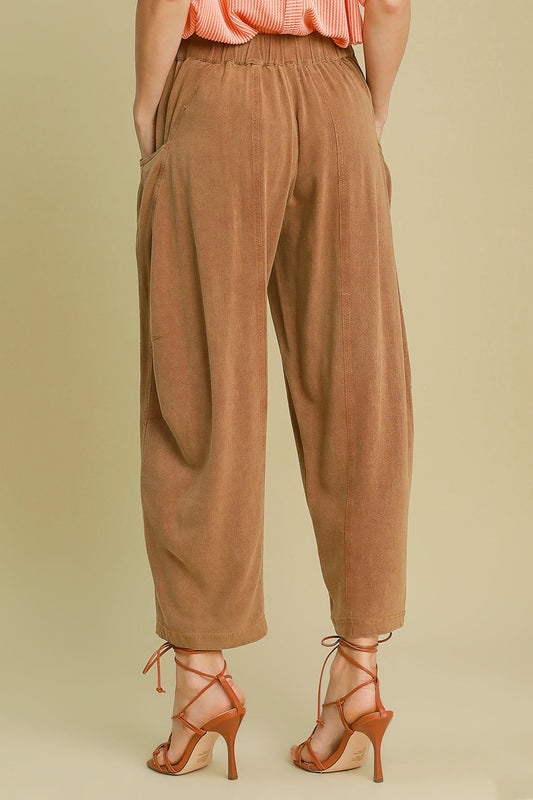 Umgee Elastic Waist Baggy Fit Pants with Pockets - Caramel