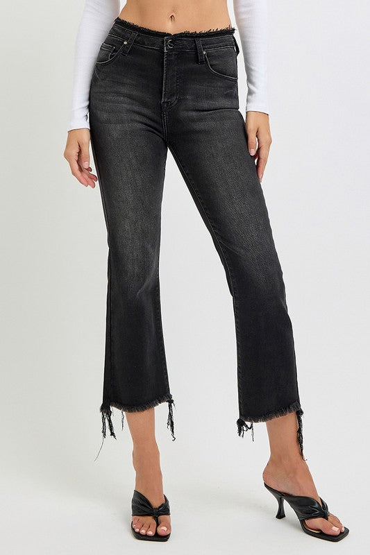 RISEN Raw Hem Cropped Flare Jeans - Black