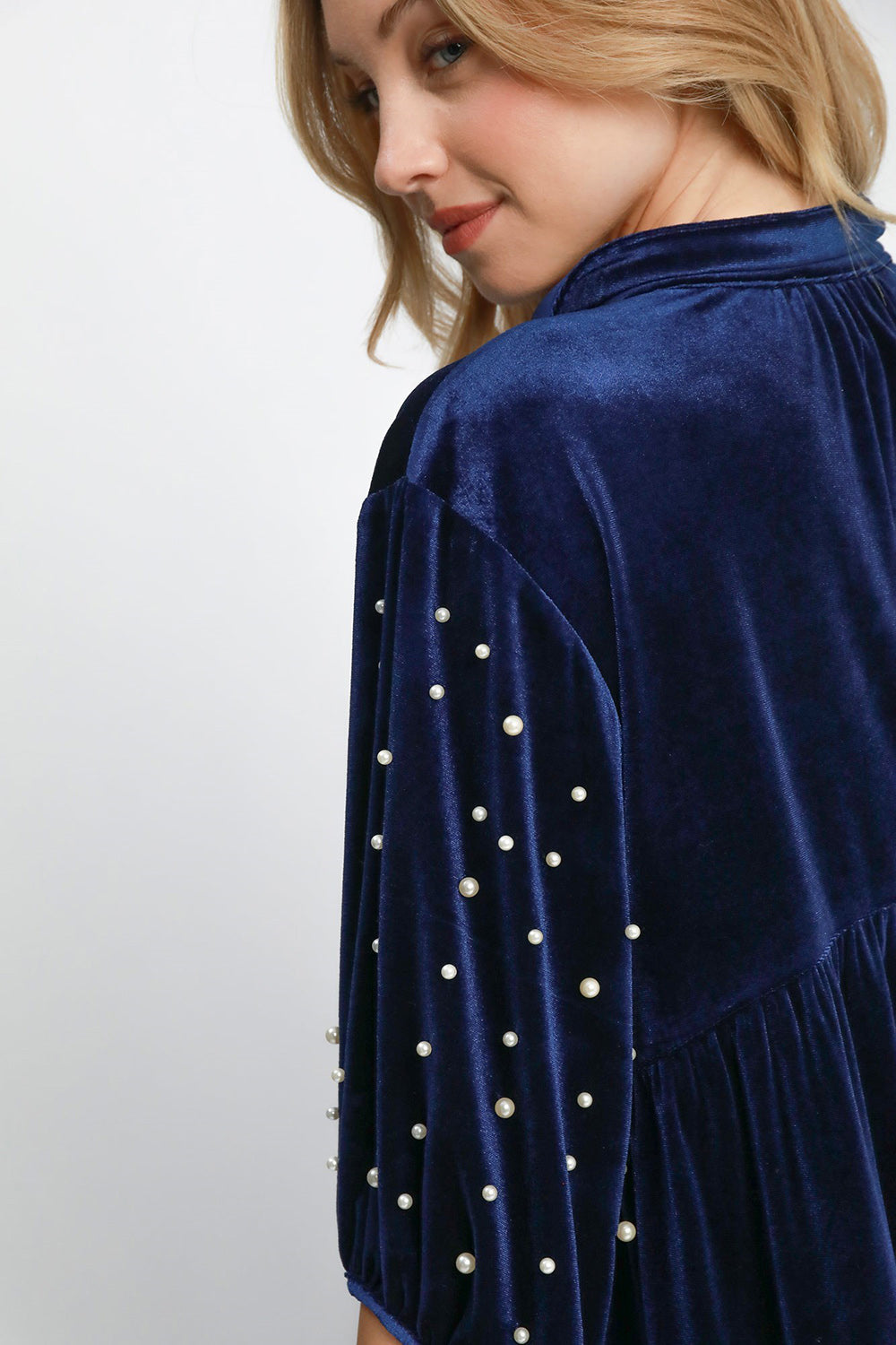 Umgee Pearl Detail Velvet Top - Navy