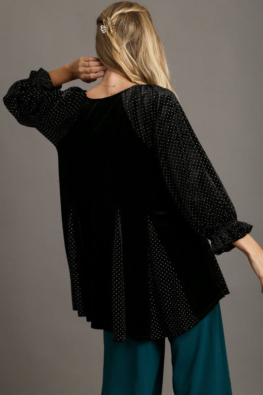 Umgee Velvet Pleated Top - Black