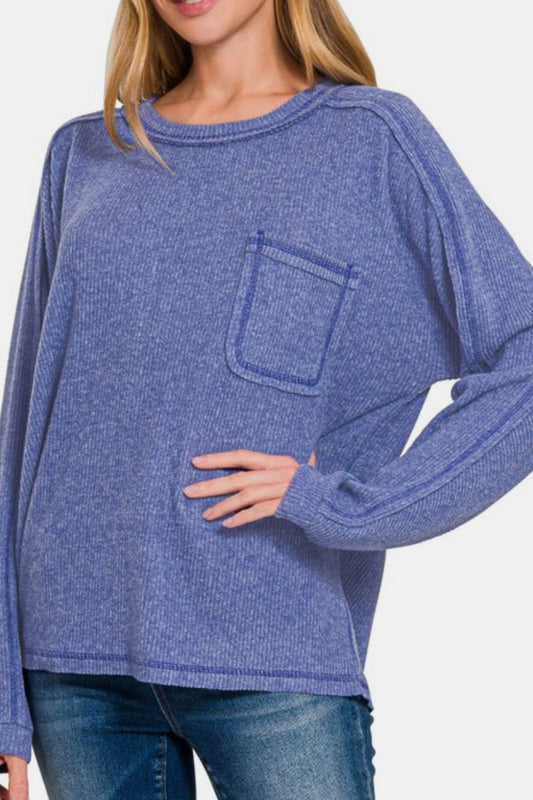 Zenana Ribbed Hacci Top - Blue Purple
