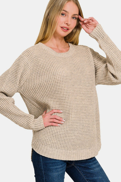 Zenana Waffle Sweater - Beige