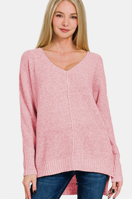 Zenana V-Neck Sweater - Dusty Pink