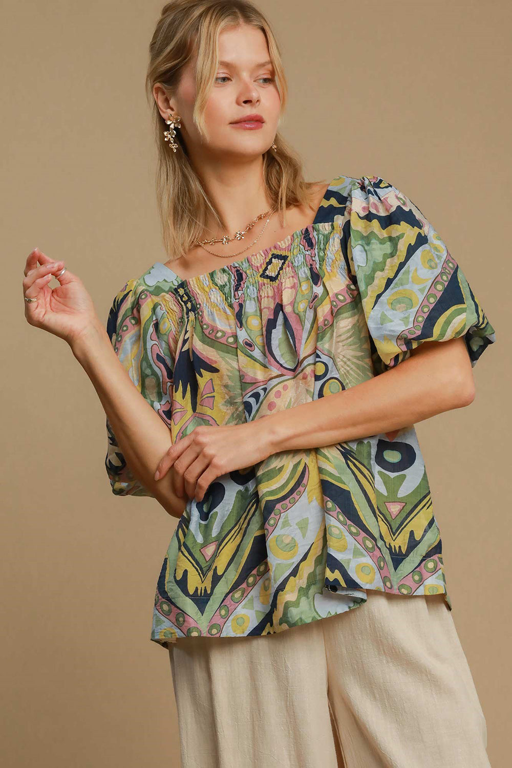 Umgee Abstract Print Top - Green Mix