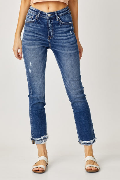 Risen High-Rise Frayed Cuffed Straight Jeans