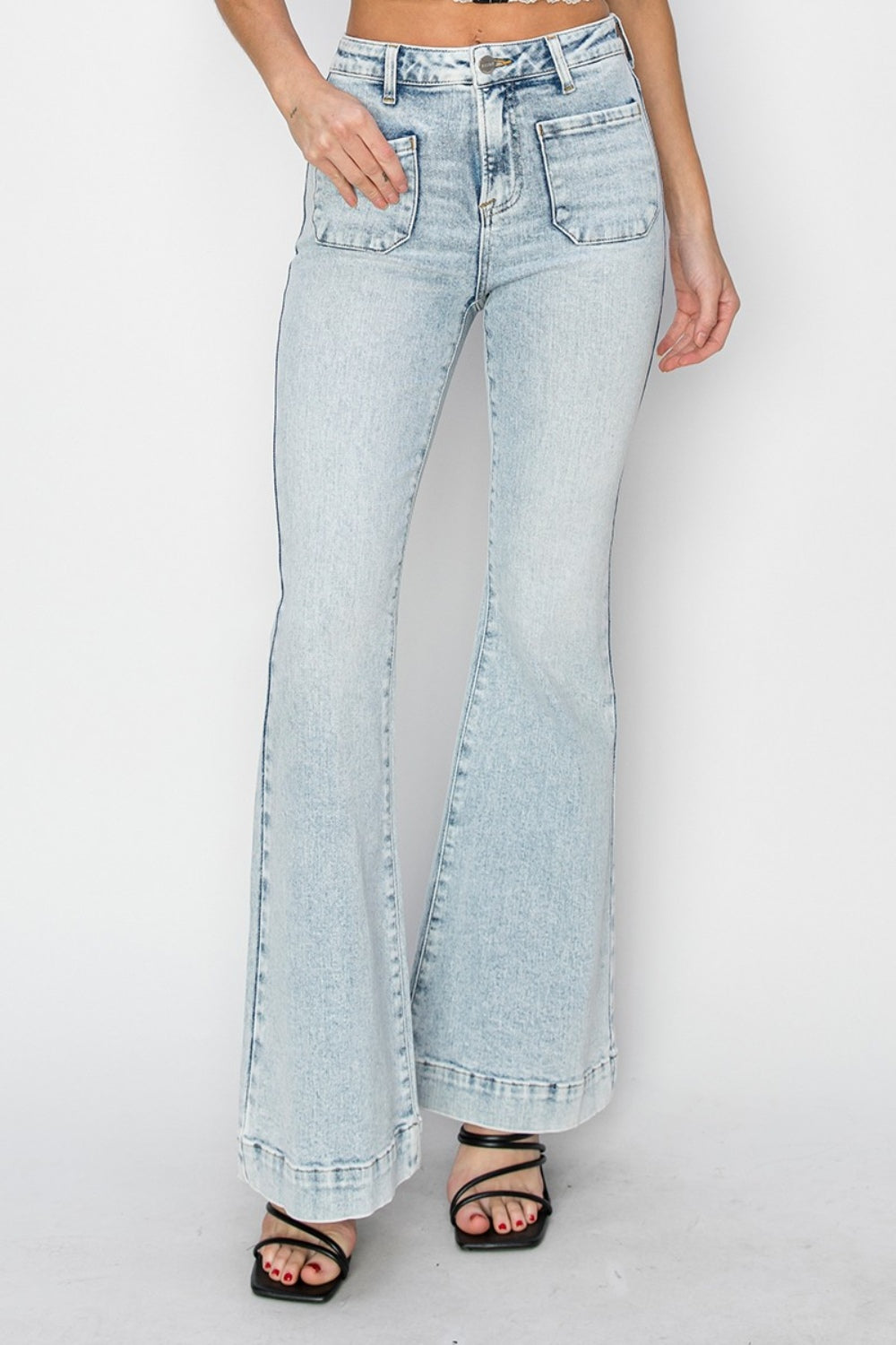 Risen High Rise Front Patch Pocket Flare Jeans - Acid Light