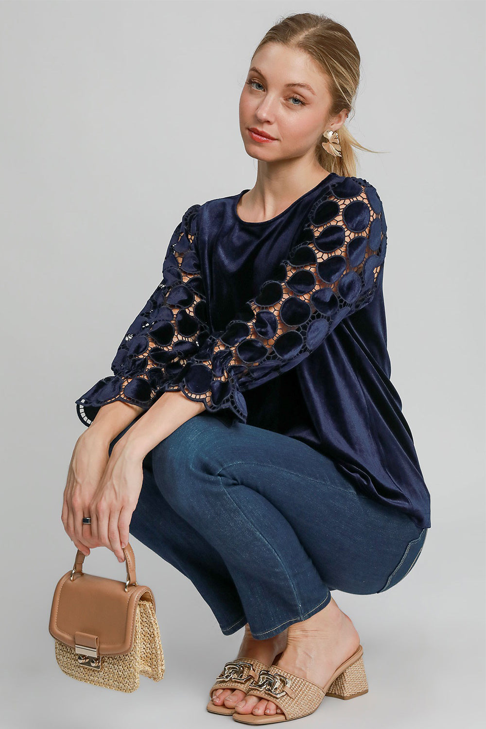 Umgee Polka Dot Lace Top - Navy