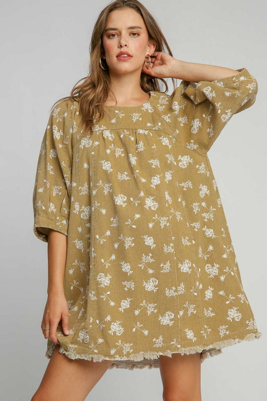 Umgee Raw Hem Floral Print Denim Dress