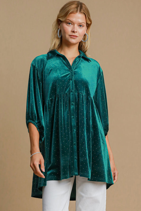 Umgee Polka Dot Button Up Top - Teal Green