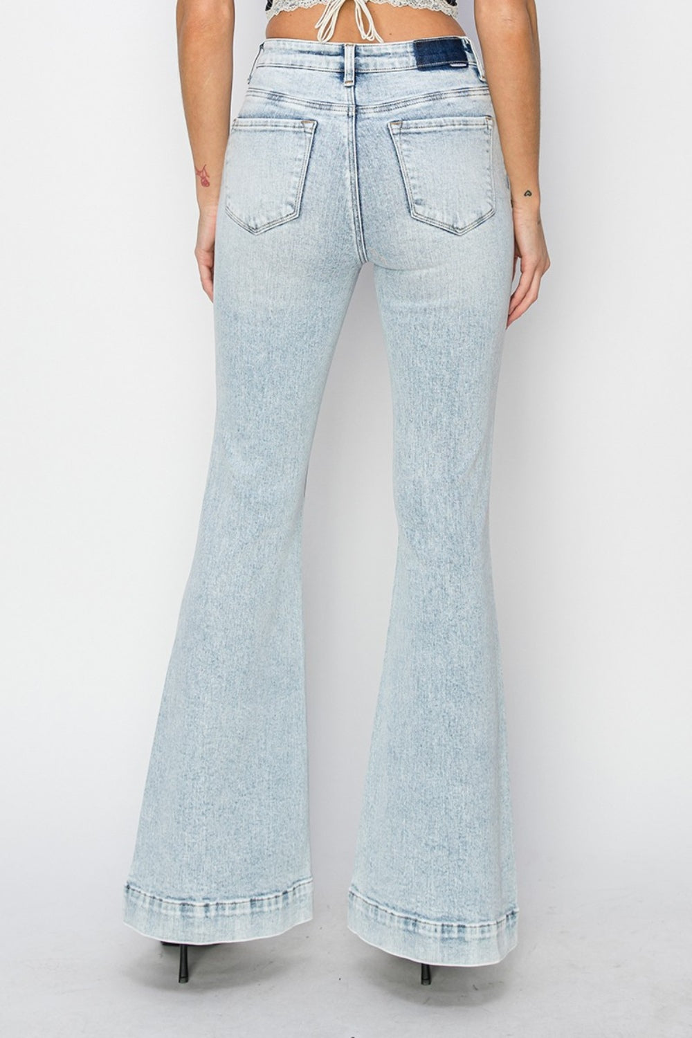 Risen High Rise Front Patch Pocket Flare Jeans - Acid Light