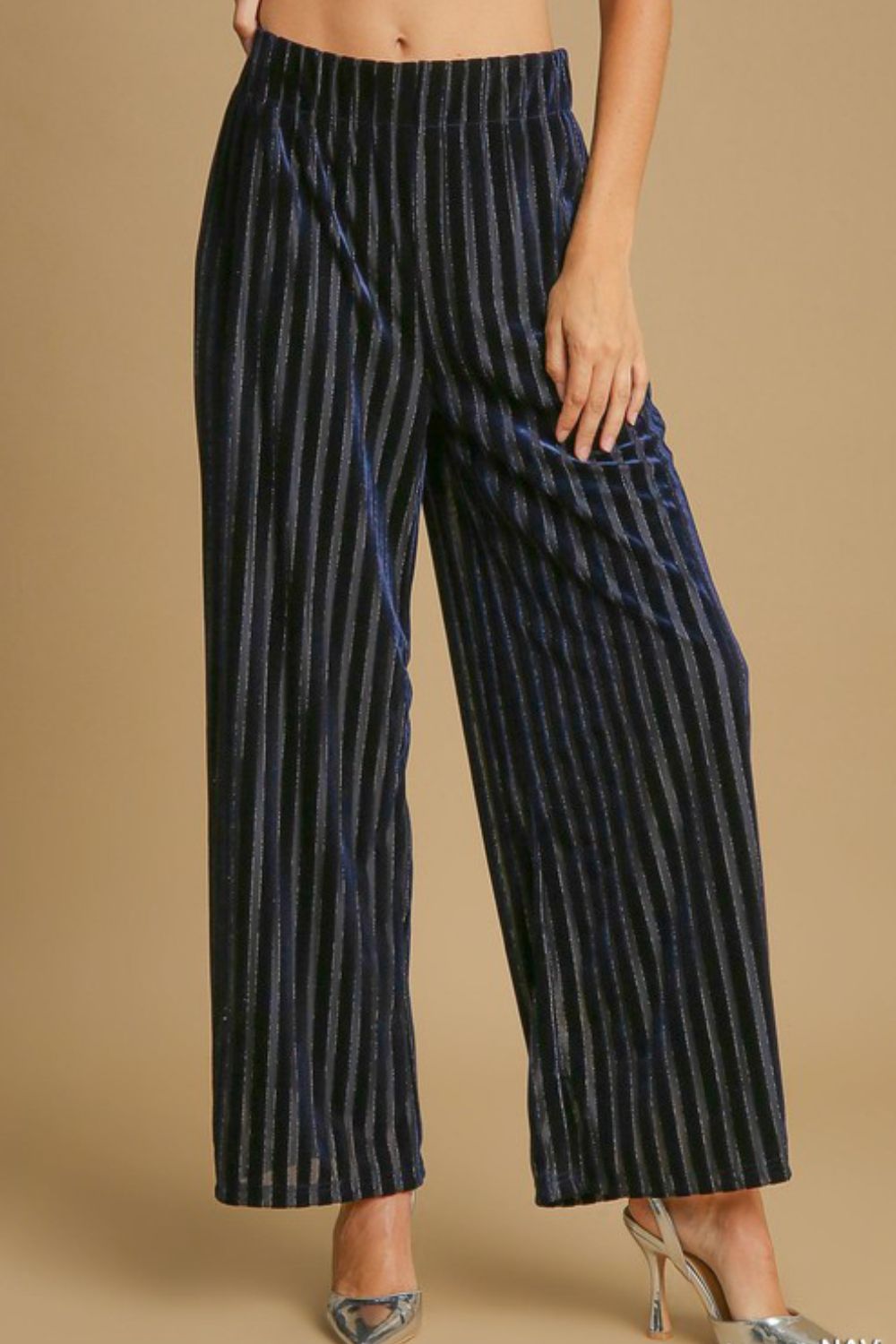 Umgee Velvet Striped Pants - Navy