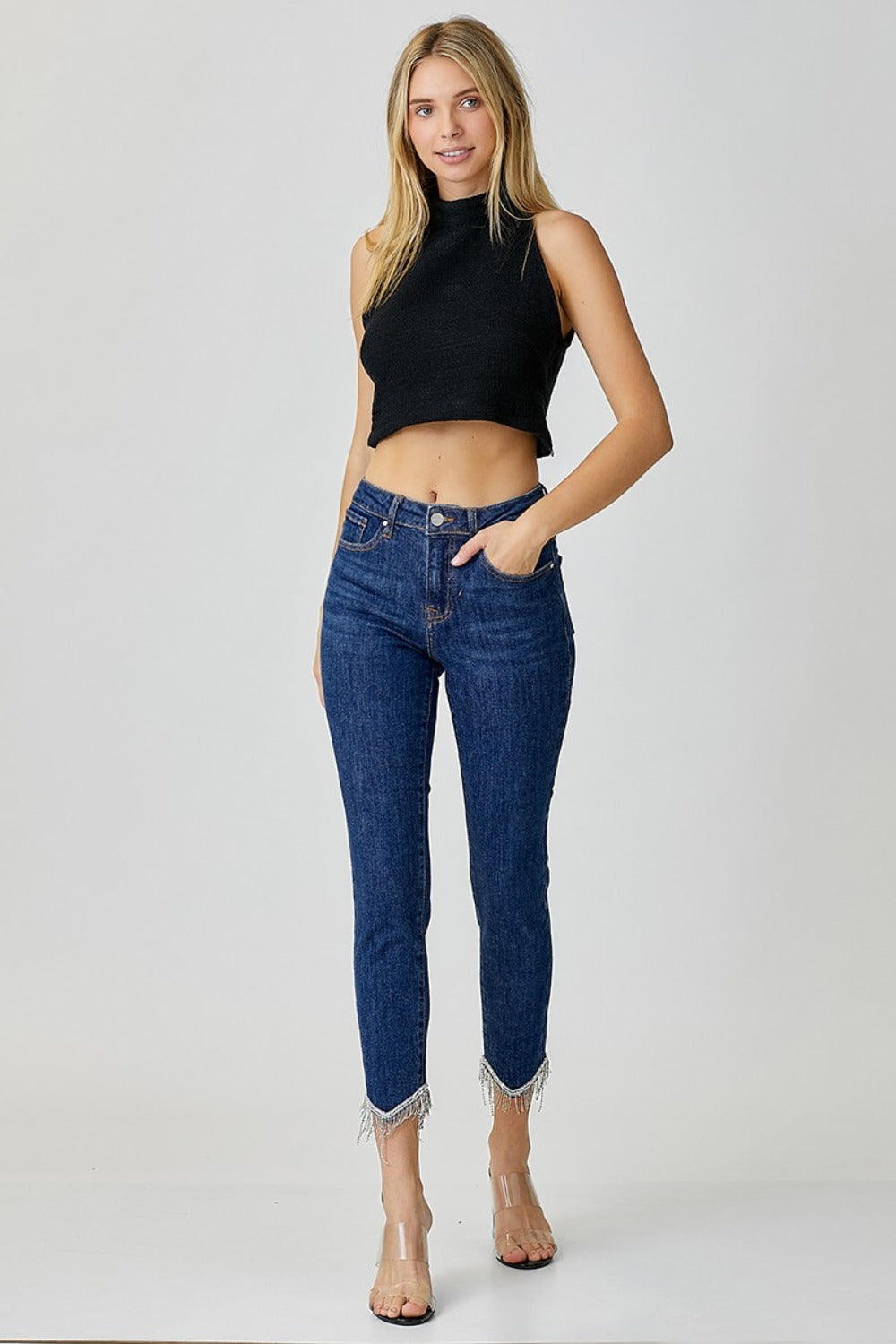 RISEN Fringe Hem Embellished Skinny Jeans