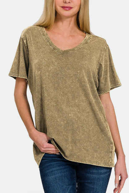 Zenana Washed Short Sleeve V-Neck Tee