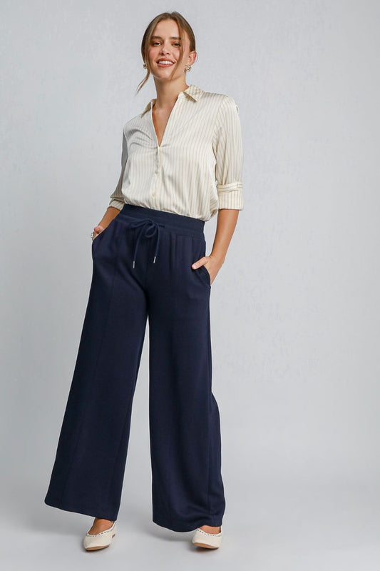 Umgee Drawstring Wide Leg Pants with Pockets - Midnight