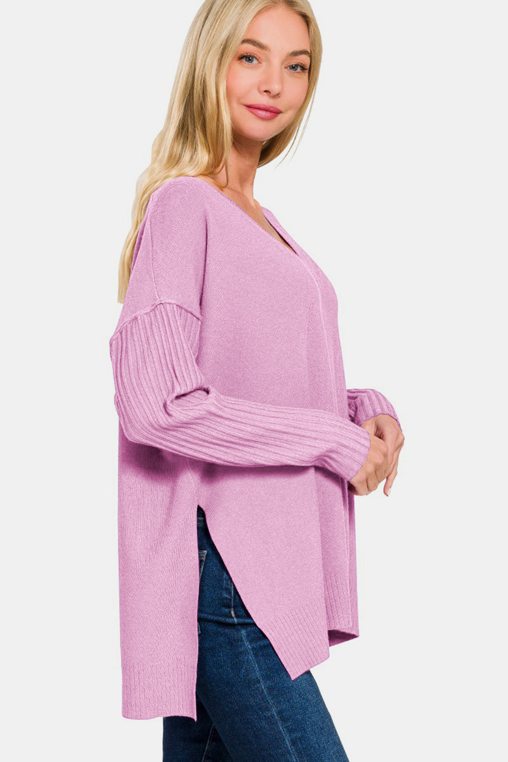 Zenana V-Neck High-Low Sweater - Mauve