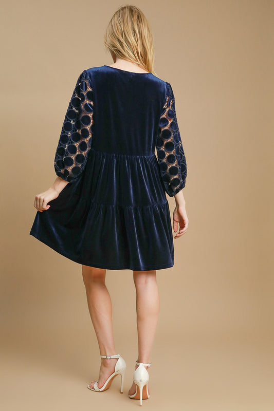 Umgee Velvet V-Neck Dotted Lace Tiered Dress - Navy