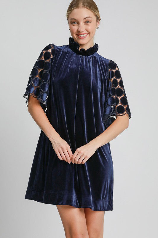 Umgee Velvet Mock Neck Dotted Dress - Navy