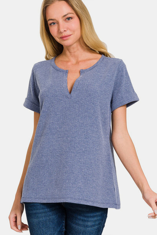 Zenana Denim Waffle Top