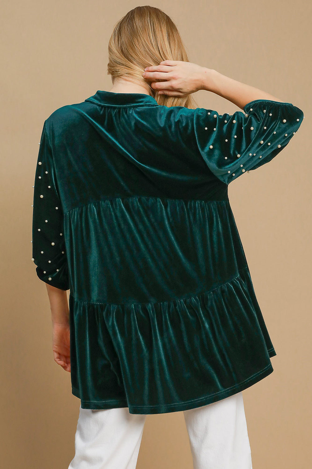 Umgee Pearl Detail Velvet Top - Hunter Green