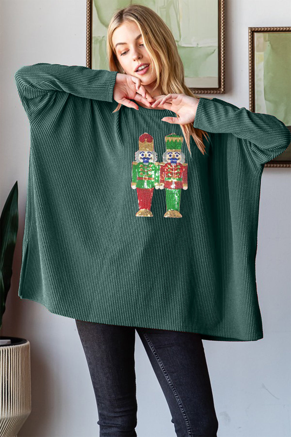 Ribbed Sequin Nutcracker Top - Hunter Green