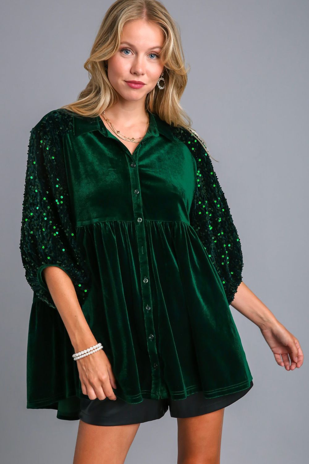 Umgee Sequin Detail Top - Hunter Green