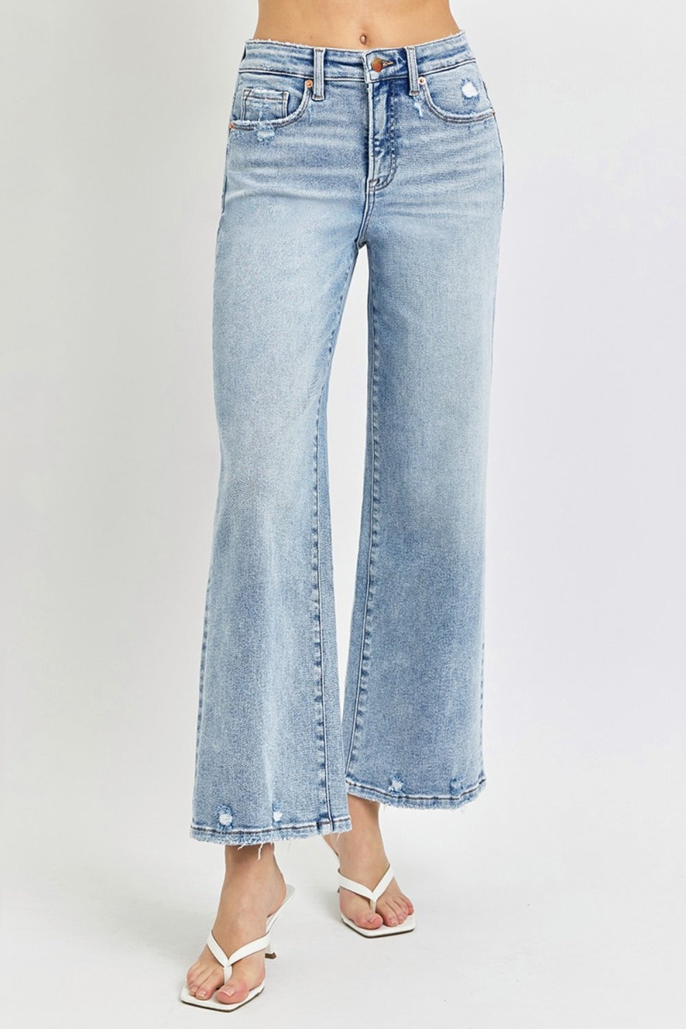 RISEN Tummy Control High Rise Crop Wide Leg Jeans - Light Wash