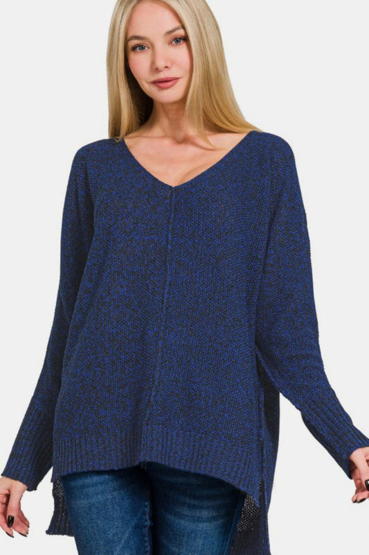 Zenana V-Neck Sweater - Dark Navy