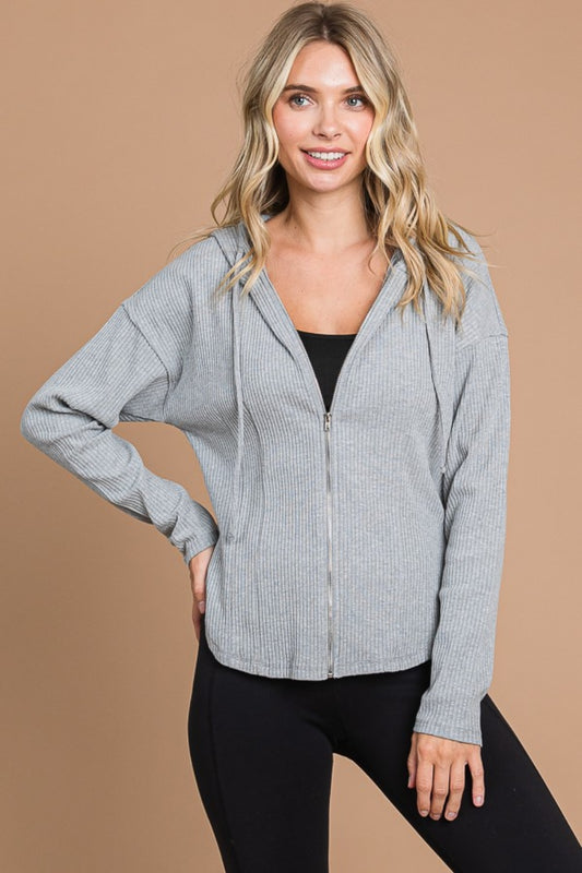 Gray Ribbed Hooded Jacket