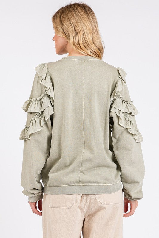 Ruffled Mineral Washed Sweatshirt - Sage
