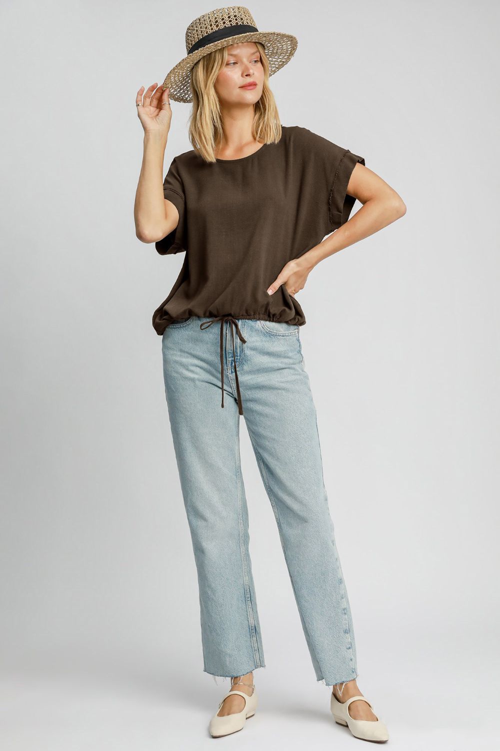 Umgee Drawstring Hem Top - Coffee Brown