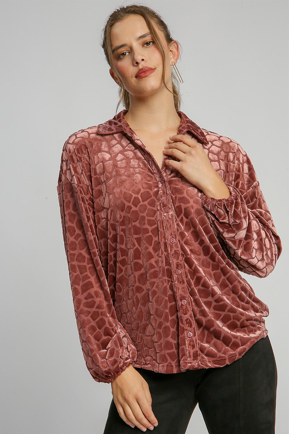 Umgee Velvet Animal Print Top - Rosewood