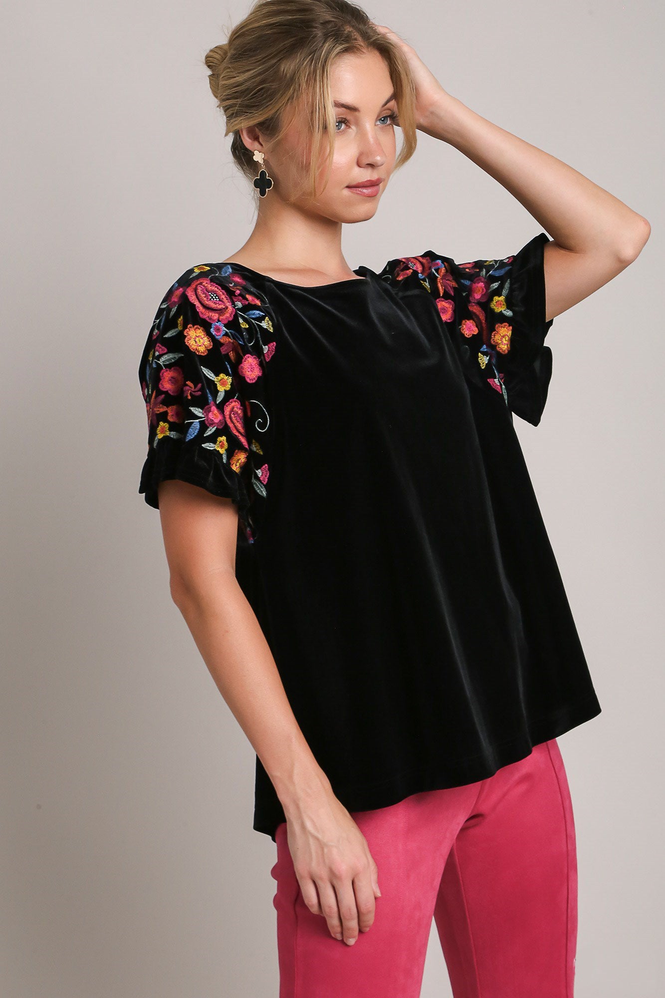 Umgee Velvet Embroidery Top - Black