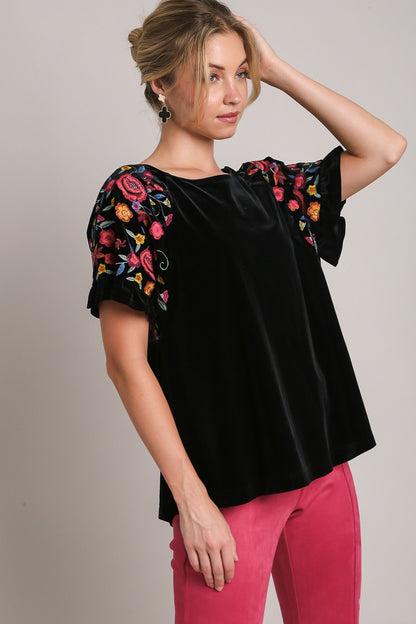 Umgee Velvet Embroidery Top - Black