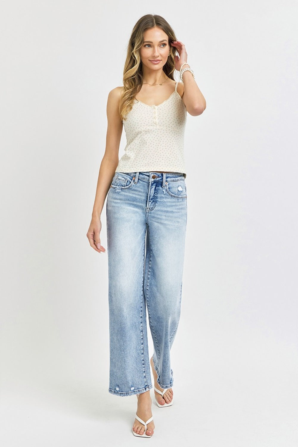 RISEN Tummy Control High Rise Crop Wide Leg Jeans - Light Wash