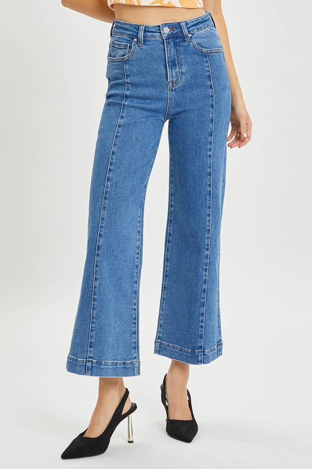 Risen Medium Wash High Rise Wide Leg Jeans