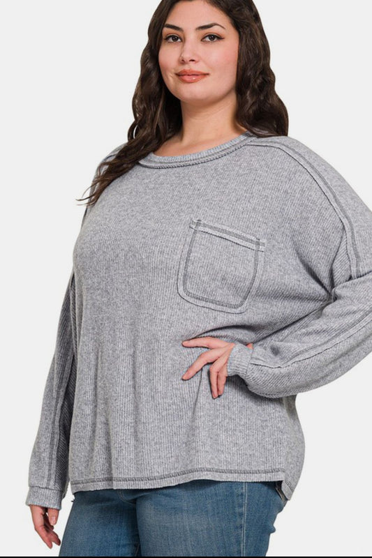 Zenana Ribbed Hacci Top - Gray