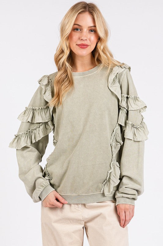 Ruffled Mineral Washed Sweatshirt - Sage