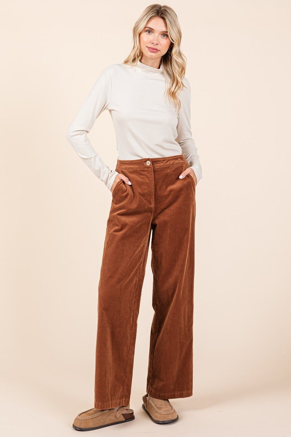 Mittoshop Corduroy Back Elastic Waist Pants - Camel