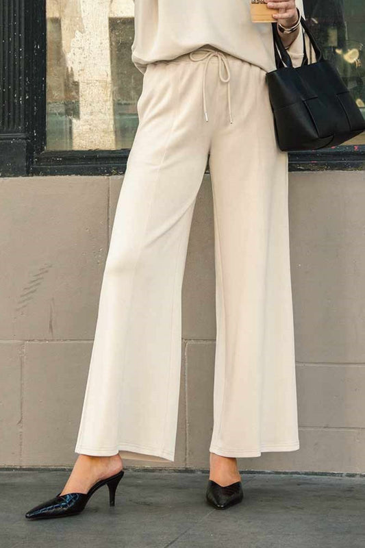 Umgee Drawstring Wide Leg Pants with Pockets - Ecru