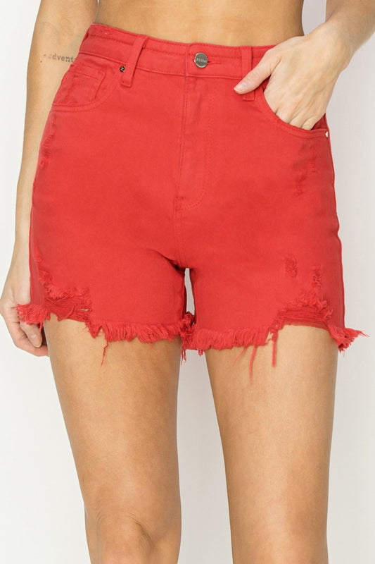 RISEN High Rise Distressed Denim Shorts - Fiesta