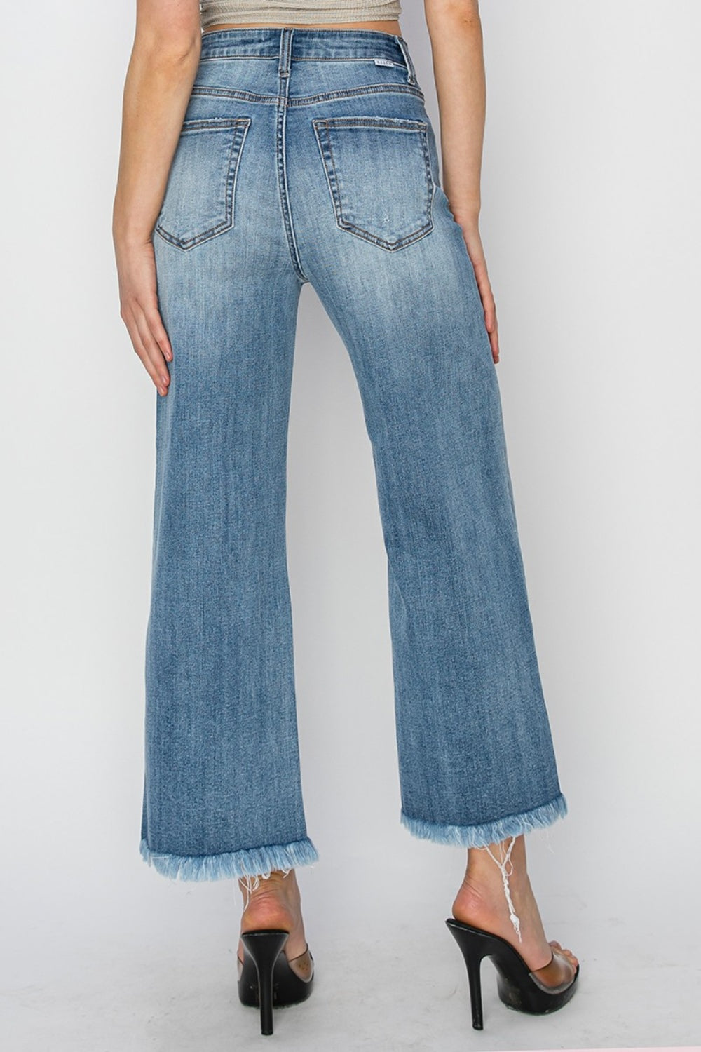 RISEN Raw Hem Cropped Wide Leg Jeans - Medium Wash