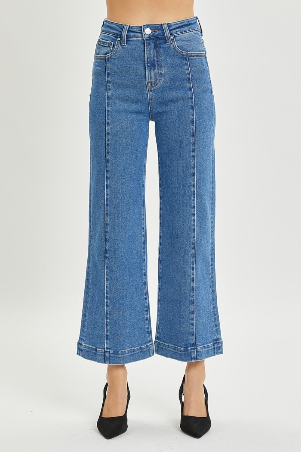 Risen Medium Wash High Rise Wide Leg Jeans