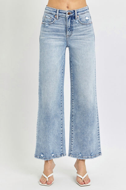 RISEN Tummy Control High Rise Crop Wide Leg Jeans - Light Wash