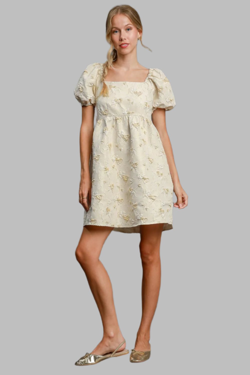 Umgee Heart Jacquard Square Neck Puff Sleeve Dress - Cream