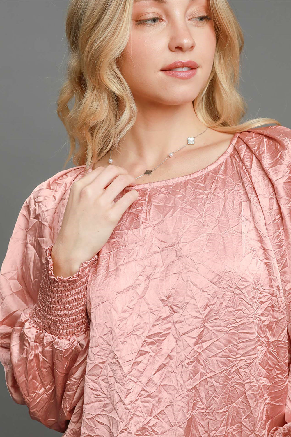 Umgee Wrinkled Lantern Sleeve Top - Blush Pink