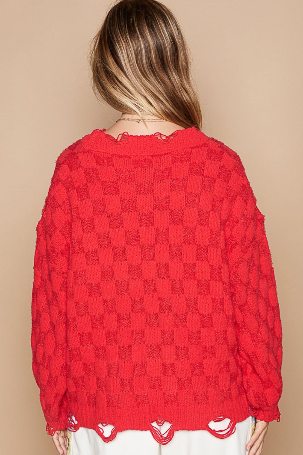 Distressed Checkered Sweater - Candy Apple