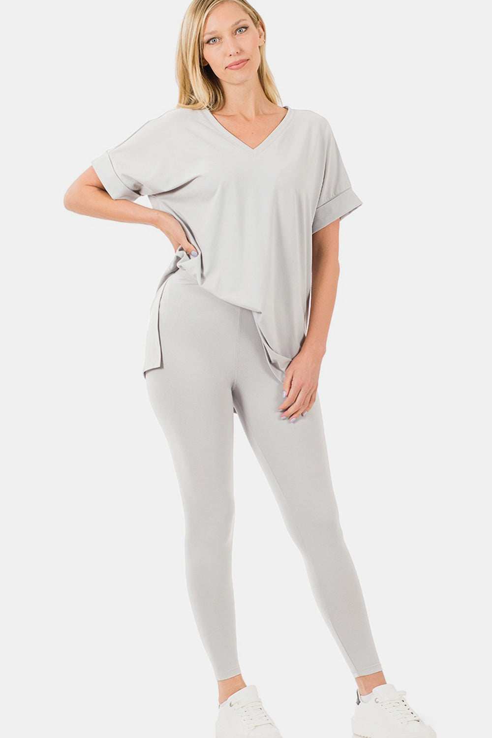 Zenana V-Neck Short Sleeve Top & Leggings Set - Light Cement