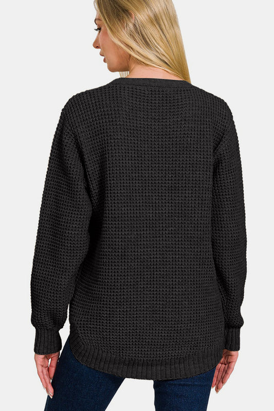 Zenana Waffle Sweater - Black