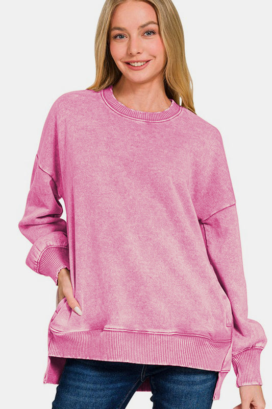 Zenana Acid Wash Sweatshirt - Dusty Pink