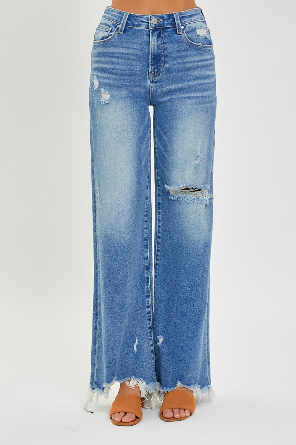 Risen Frayed Hem Wide Leg Jeans